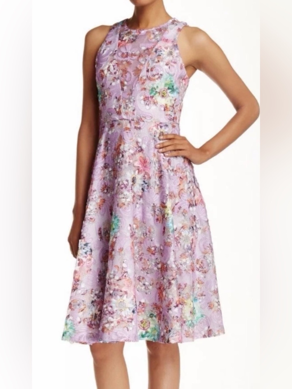 NWT Belle Badgley Mischka Nadia Purple Floral Mesh Sleeveless Dress 10 Semisheer